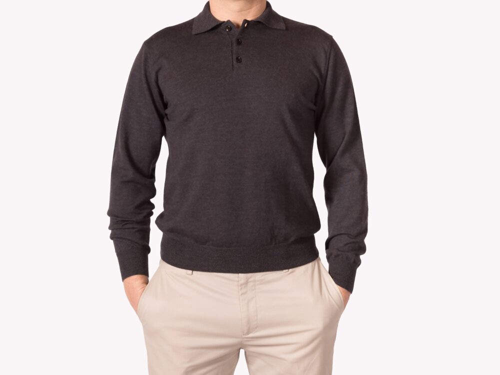 Polo antracite 3 bottoni in pura lana merino extrafine