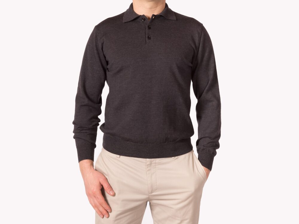 Polo antracite 3 bottoni in pura lana merino extrafine