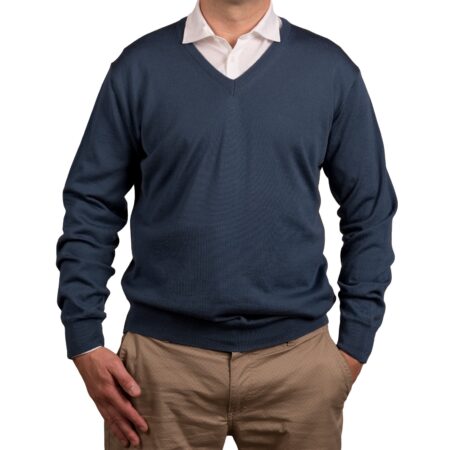Maglia Scollo V ottanio in pura lana merino extrafine